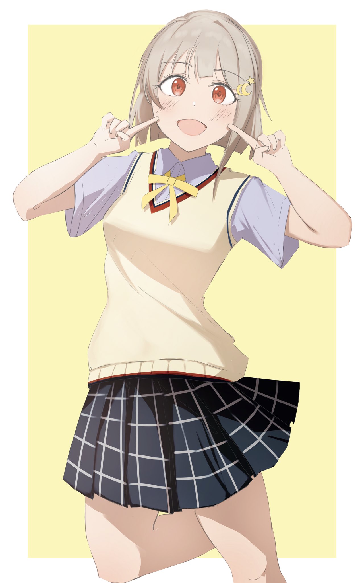 1girl, :d, black_skirt, blue_shirt, blush, bob_cut, border, breasts