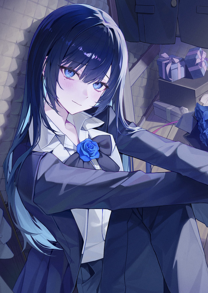 1girl, acoustic_foam, ado_(utaite), black_bow, black_bowtie, black_flower, black_pants, black_rose
