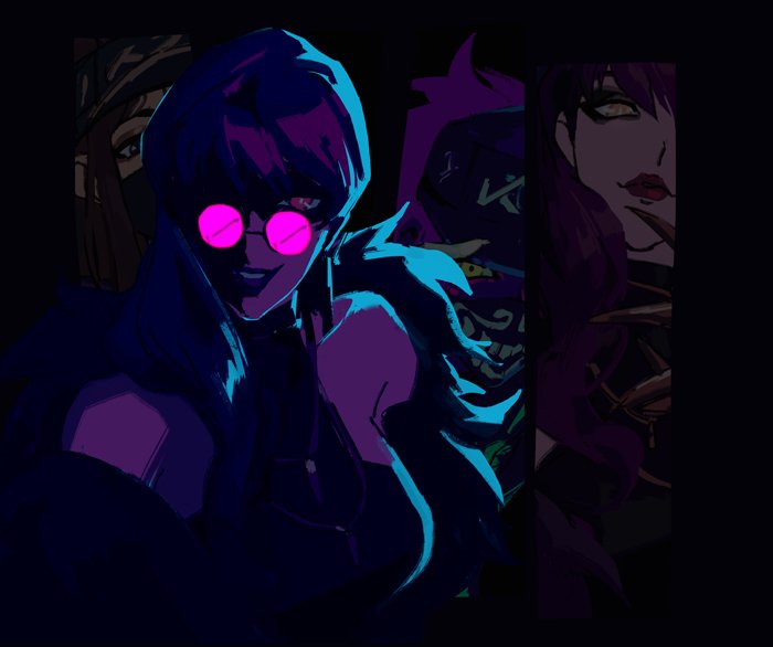 2girls, akali, breasts, dark_background, evelynn_(league_of_legends), glowing_glasses, k/da_(league_of_legends), k/da_akali