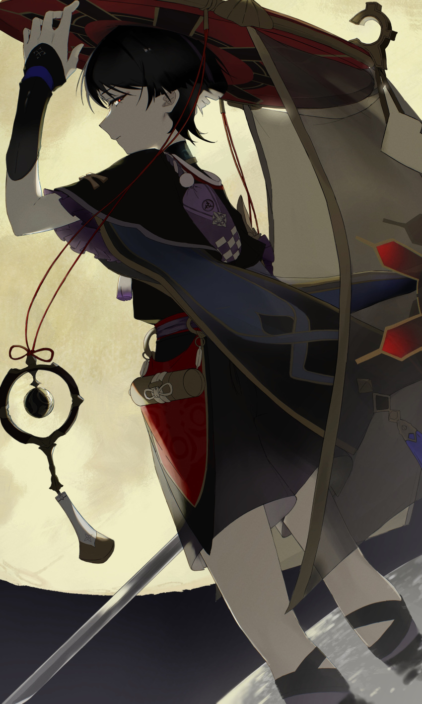 1boy, absurdres, armor, belt, black_hair, black_kimono, black_shorts, black_sleeves