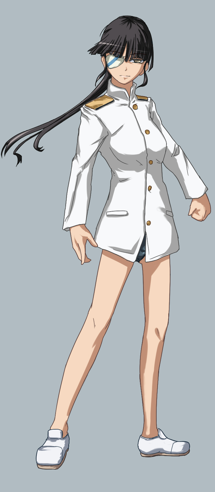 brown_eyes, eyepatch, highres, long_hair, military, military_uniform, no_socks, one-piece_swimsuit, ponytail, sakamoto_mio, school_swimsuit, shiro_shatsu, strike_witches, swimsuit, swimsuit_under_clothes, uniform