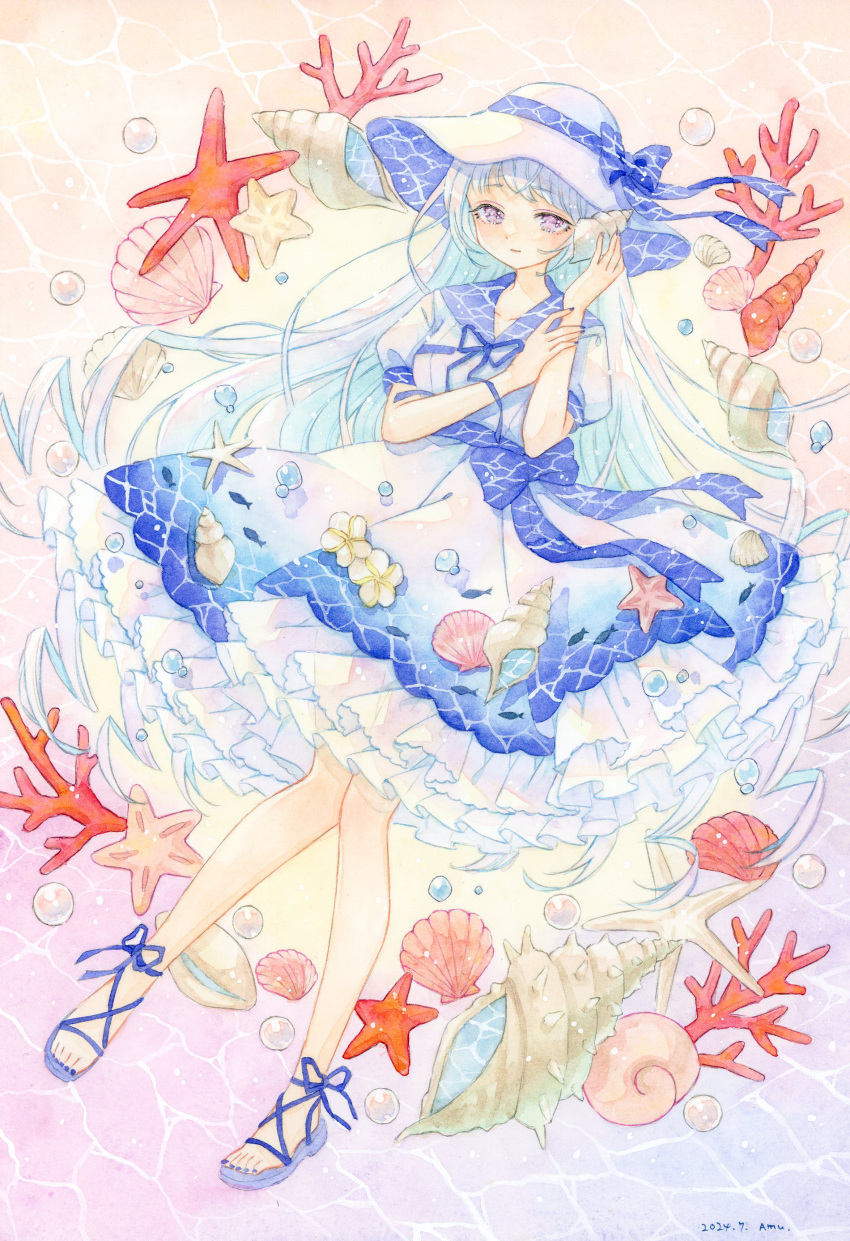 1girl, absurdres, air_bubble, amu_(m_aa), animal, artist_name, blue_hair, blue_nails