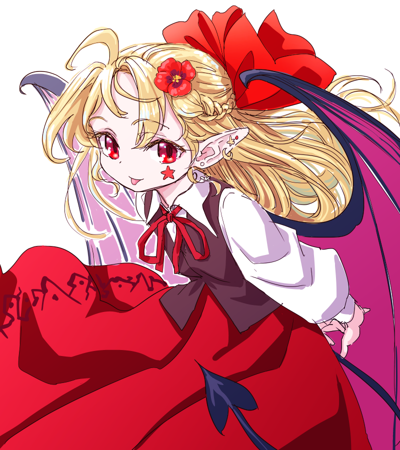 1girl, ahoge, arms_behind_back, bat_wings, blonde_hair, bow, brown_vest, closed_mouth