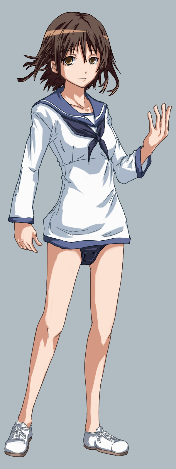 brown_eyes, brown_hair, highres, legs, miyafuji_yoshika, no_socks, sailor, sailor_uniform