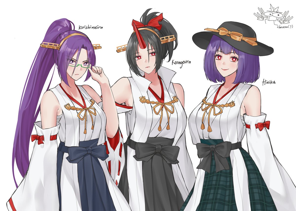 3girls, aroevela, black_hair, black_hat, black_skirt, bow, breasts, bright_pupils
