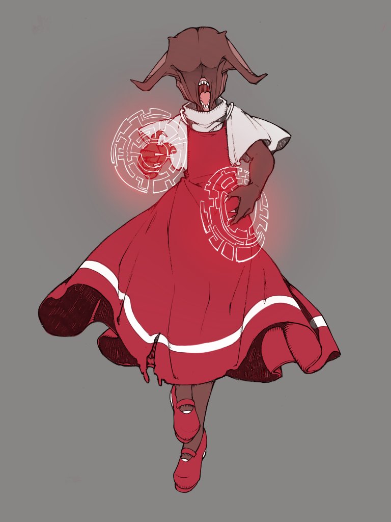 1girl, alien, bare_arms, bolos, dress, full_body, grey_background, magic