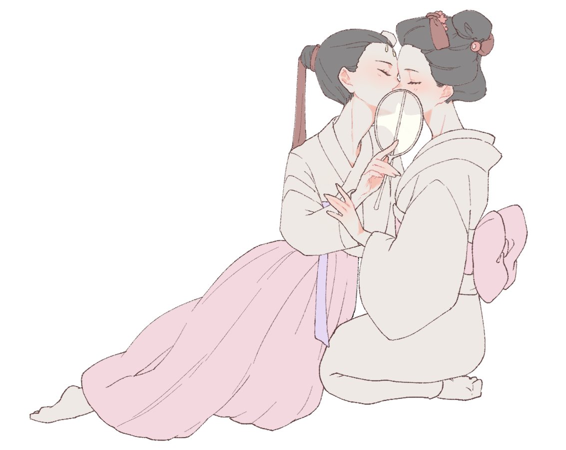 2girls, back_bow, barefoot, black_hair, bow, closed_eyes, commentary, hair_bun