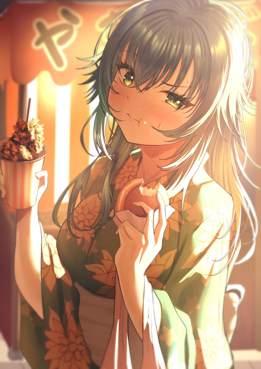 1girl, absurdres, blue_hair, blush, eating, floral_print, food, gakuen_idolmaster
