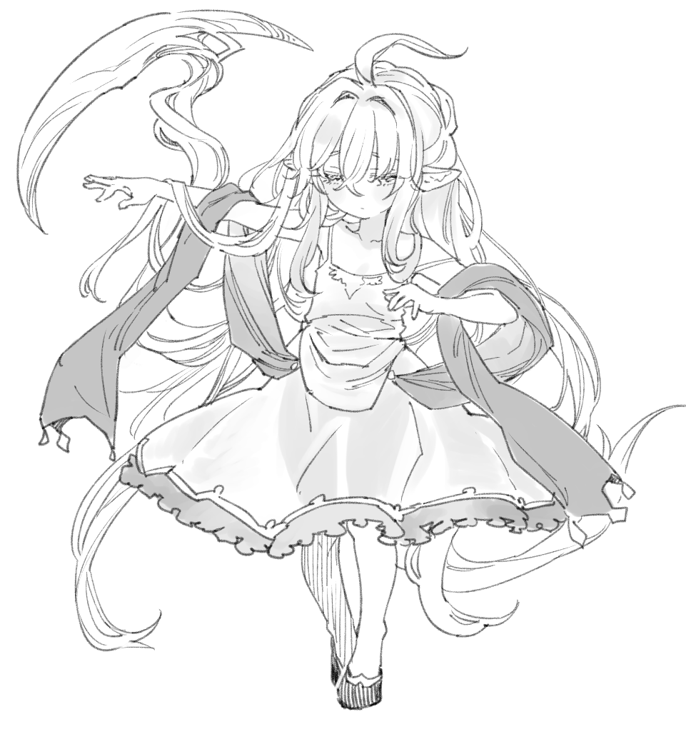 1girl, ahoge, dress, full_body, granblue_fantasy, greyscale, harvin, long_hair