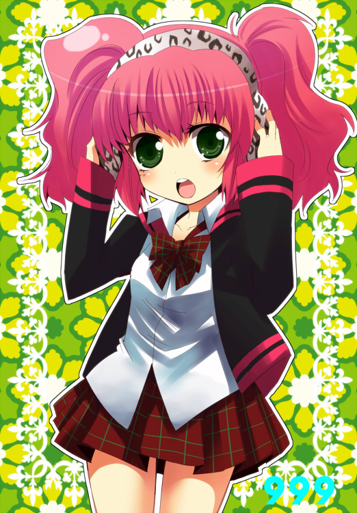 aro, blush, bow, clover, clover_(999), earmuffs, green_eyes, hands_on_earmuffs