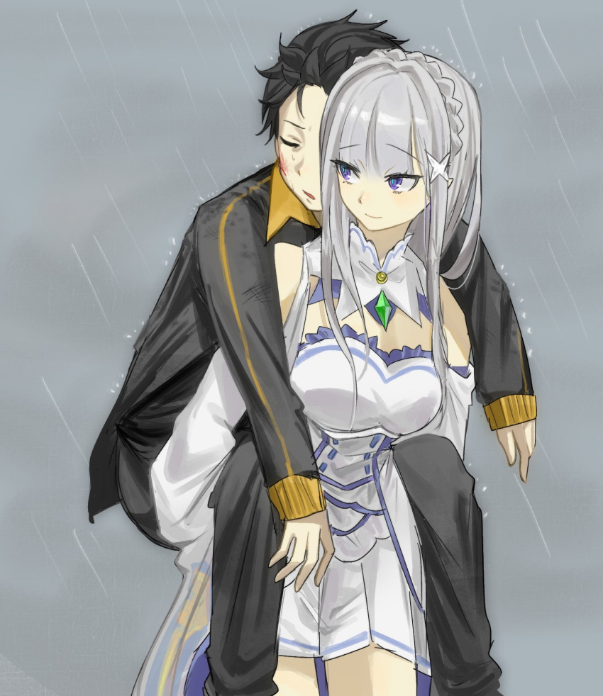 1boy, 1girl, black_hair, blood, blood_on_face, braid, breasts, collar