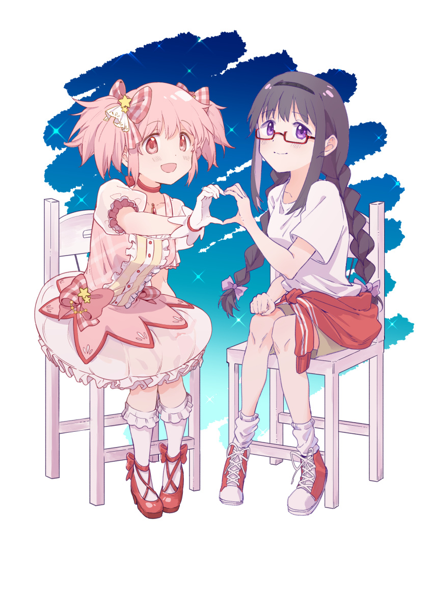 2girls, absurdres, akemi_homura, alternate_costume, ankle_socks, bare_arms, black_hair, black_hairband