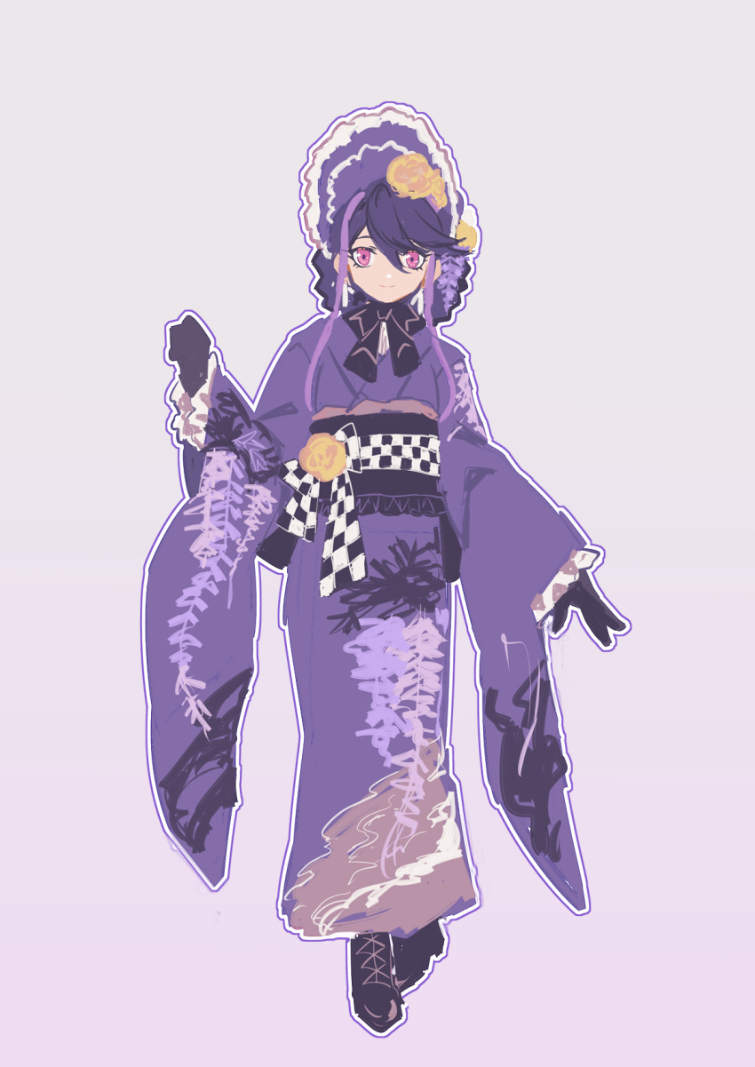 1girl, alternate_costume, black_bow, black_bowtie, black_footwear, black_gloves, black_hair, bow, bowtie, floral_print_kimono, flower, frilled_bonnet, frilled_kimono, frills, full_body, gloves, gradient_background, grey_background, hair_flower, hair_ornament, highres, japanese_clothes, kimono, kurosaki_ruri, lolita_fashion, multicolored_hair, obi, obijime, orange_flower, pink_eyes, purple_background, purple_bonnet, purple_hair, purple_kimono, sash, smile, streaked_hair, swept_bangs, two-tone_hair, udoshiyo, wa_lolita, wide_sleeves, yu-gi-oh!, yu-gi-oh!_arc-v