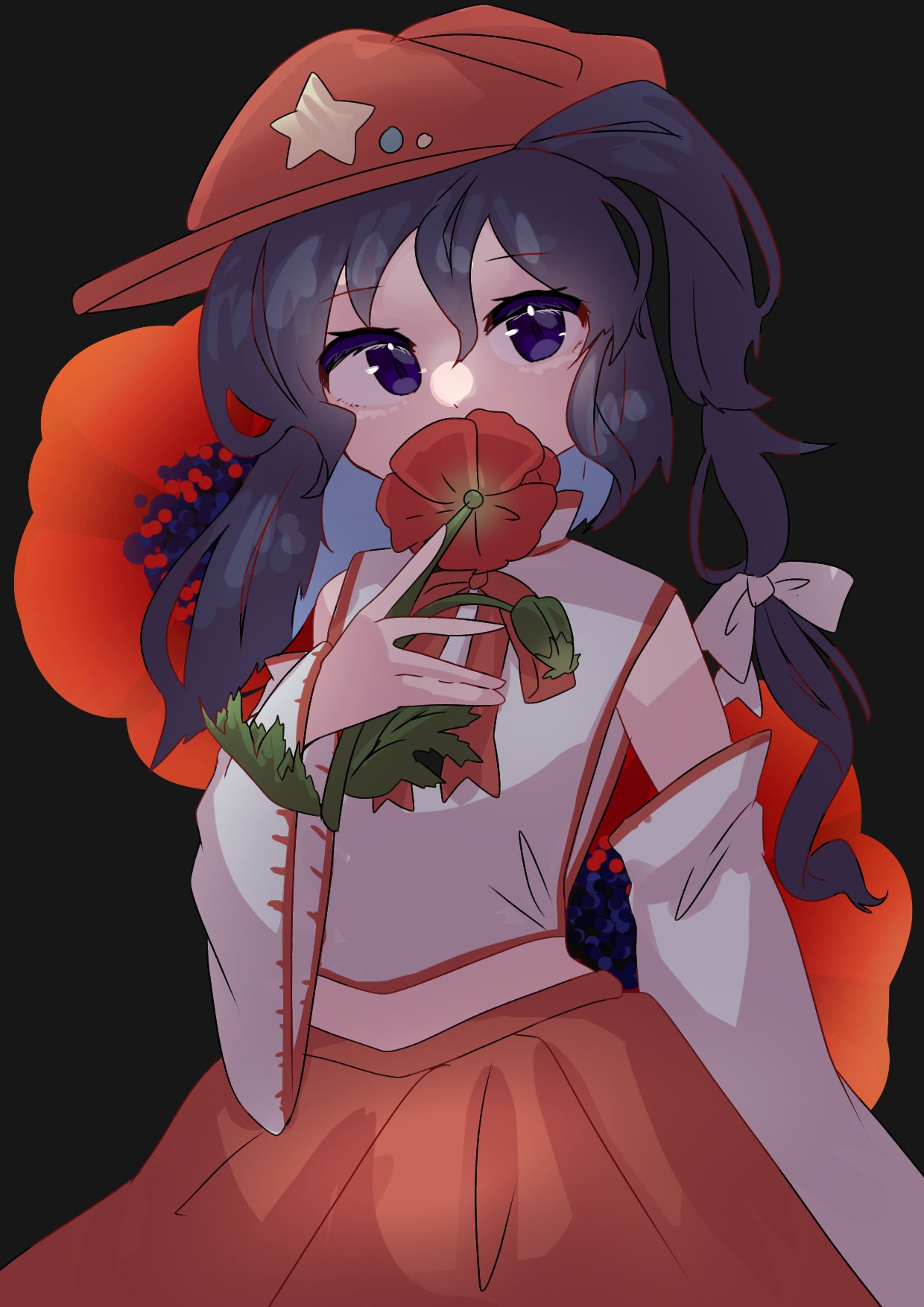 1girl, bare_shoulders, black_background, cabbie_hat, covered_mouth, covering_own_mouth, detached_sleeves, dolls_in_pseudo_paradise