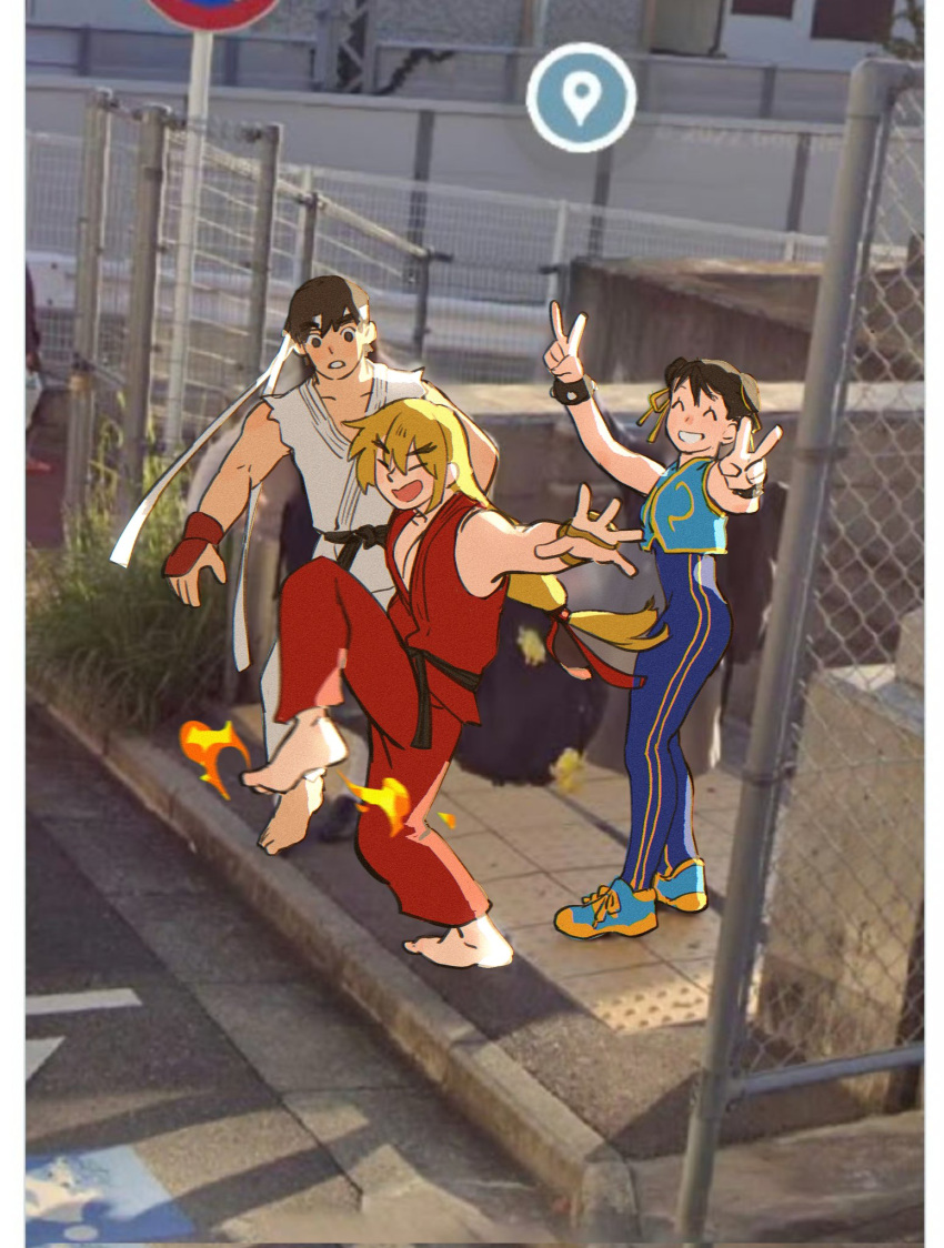 1girl, 2boys, ^_^, barefoot, belt, black_belt, black_shirt, blonde_hair, blue_jacket, blue_jumpsuit, border, bracelet, brown_eyes, brown_hair, chun-li, closed_eyes, commentary, cre_sendopedal, cropped_jacket, double_bun, double_v, dougi, fingerless_gloves, fire, gloves, grin, hair_between_eyes, hair_bun, hair_ribbon, hair_tie, headband, high_school_girls_posing_for_google_street_view_(meme), highres, jacket, jewelry, jumpsuit, karate_gi, ken_masters, knee_up, long_hair, looking_at_another, meme, multicolored_footwear, multiple_boys, open_mouth, red_gloves, red_shirt, ribbon, ryu_(street_fighter), shirt, shoes, sleeveless, smile, sneakers, spiked_bracelet, spikes, standing, standing_on_one_leg, street_fighter, street_fighter_zero_(series), striped_clothes, teeth, thick_eyebrows, torn_clothes, torn_sleeves, v, white_border, white_headband, yellow_ribbon, yellow_stripes, yellow_trim