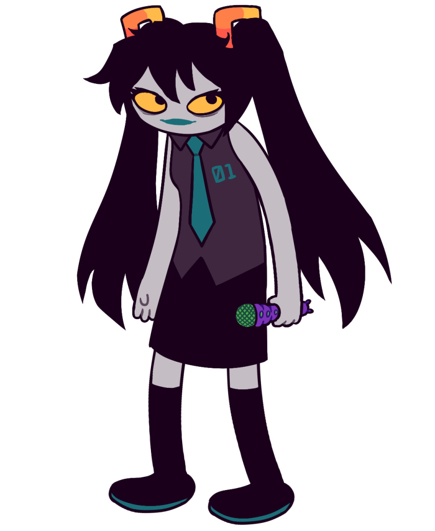 1girl, boots, colored_skin, grey_skin, hatsune_miku, highres, homestuck, horns, lipstick, makeup, necktie, pancakemolybdenum_(lovisa), shirt, skirt, solo, troll_(homestuck), twintails, vocaloid