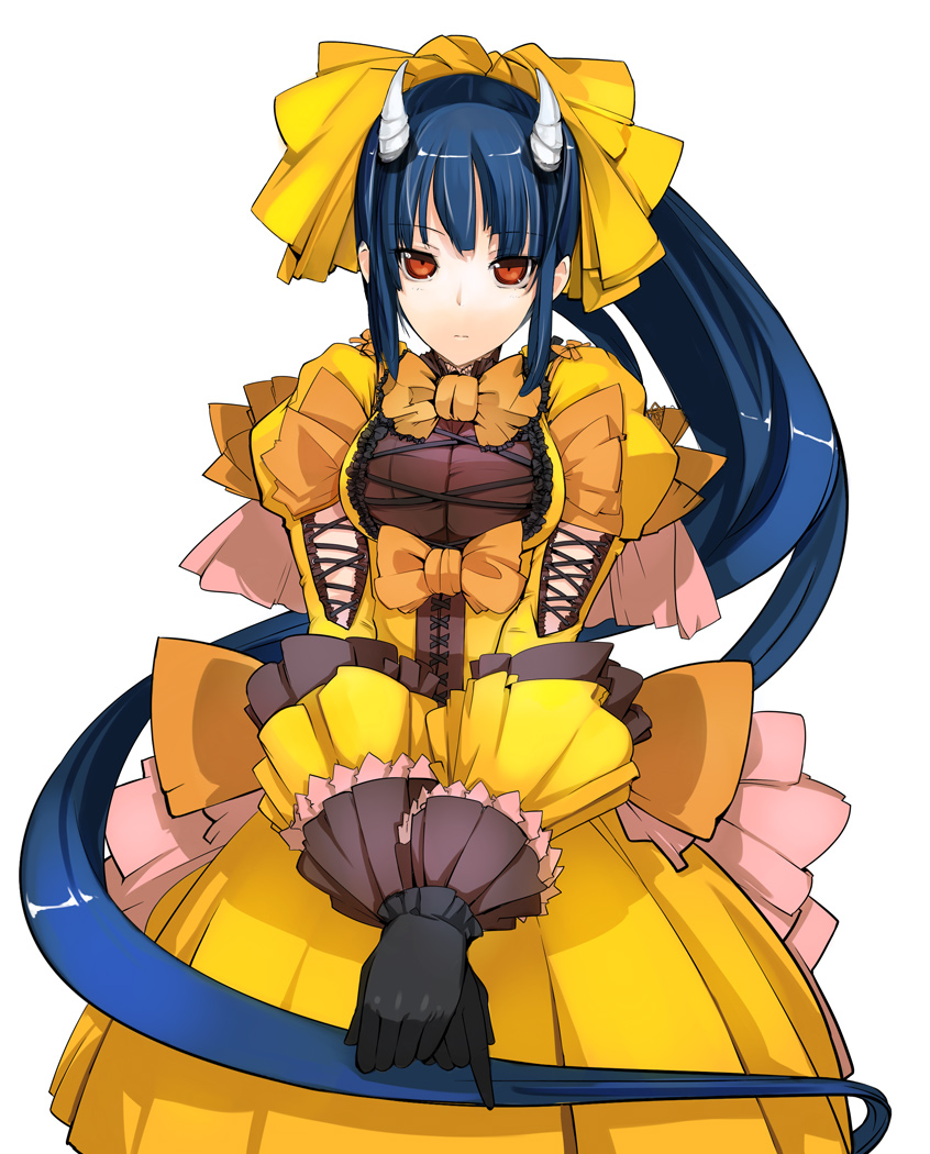 breasts, cleavage, demon_girl, dress, gloves, horns, long_hair, original