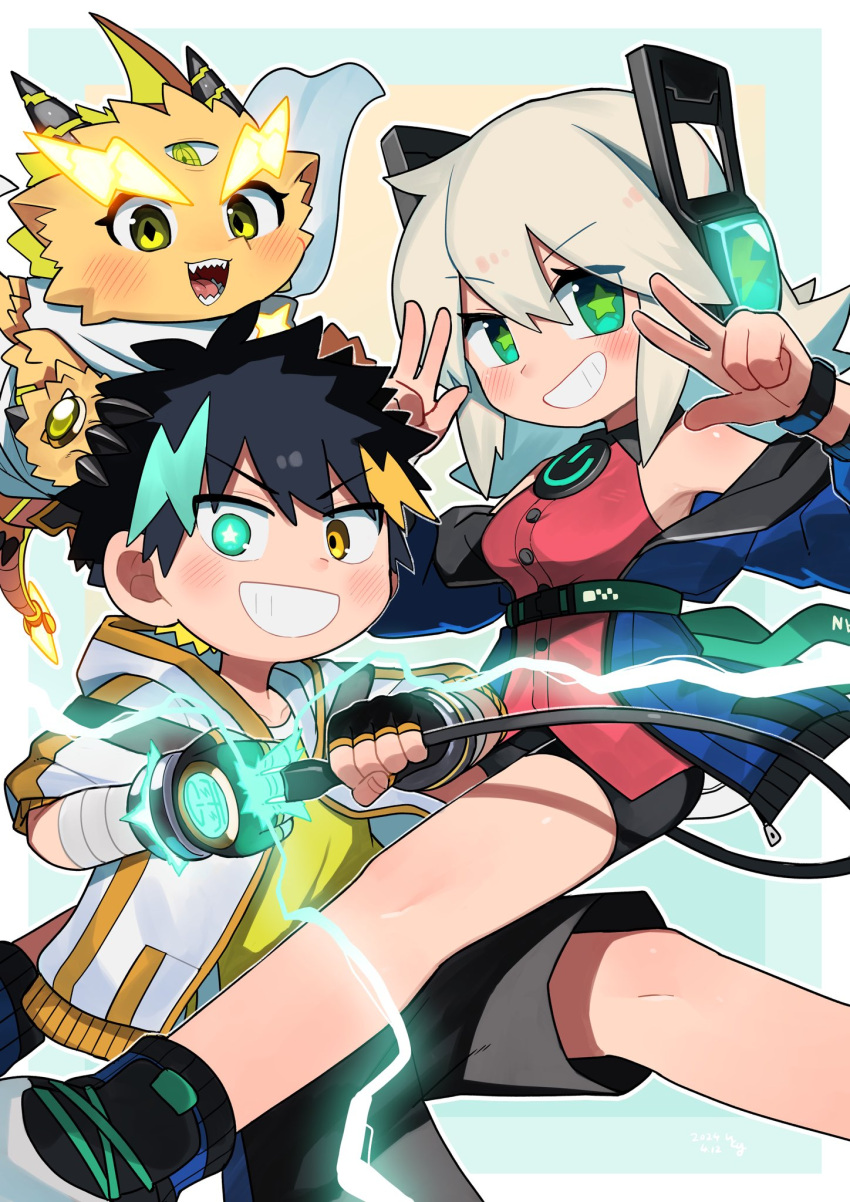 1boy, 2girls, borrowed_character, breasts, digitan_(porforever), double_v, dragon, dragon_girl