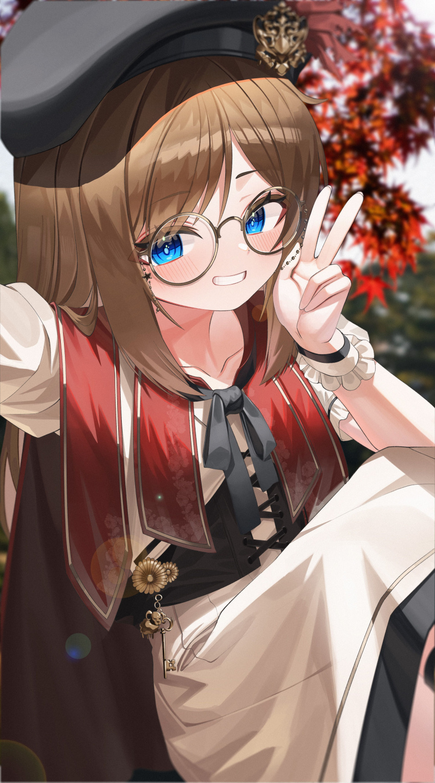 1girl, absurdres, beret, black_hat, blue_eyes, blurry, brown_hair, cape