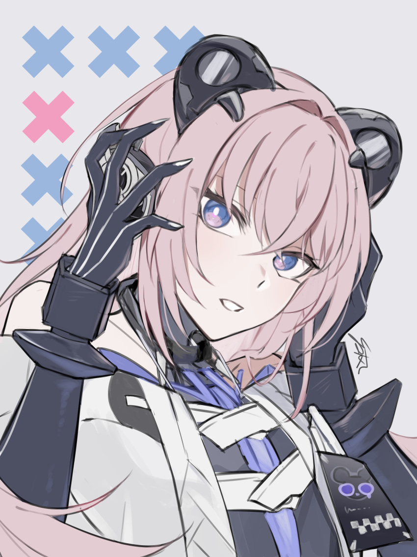 1boy, absurdres, animal_ears, bear_ears, blue_eyes, coat, commentary_request, fake_animal_ears, hair_between_eyes, hair_intakes, headgear, headphones, highres, id_card, kazuna_ys, long_hair, mechanical_arms, multicolored_eyes, parted_lips, pink_eyes, pink_hair, punishing:_gray_raven, sidelocks, solo, teddy_(punishing:_gray_raven), white_coat