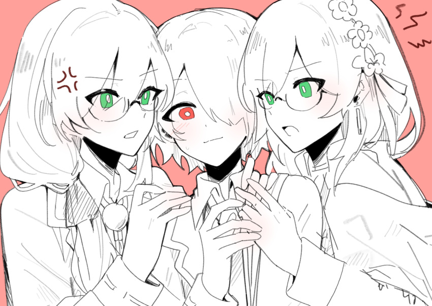 absurdres, dual_persona, girl_sandwich, glasses, green_eyes, hair_over_one_eye, hair_over_shoulder, heaven_burns_red