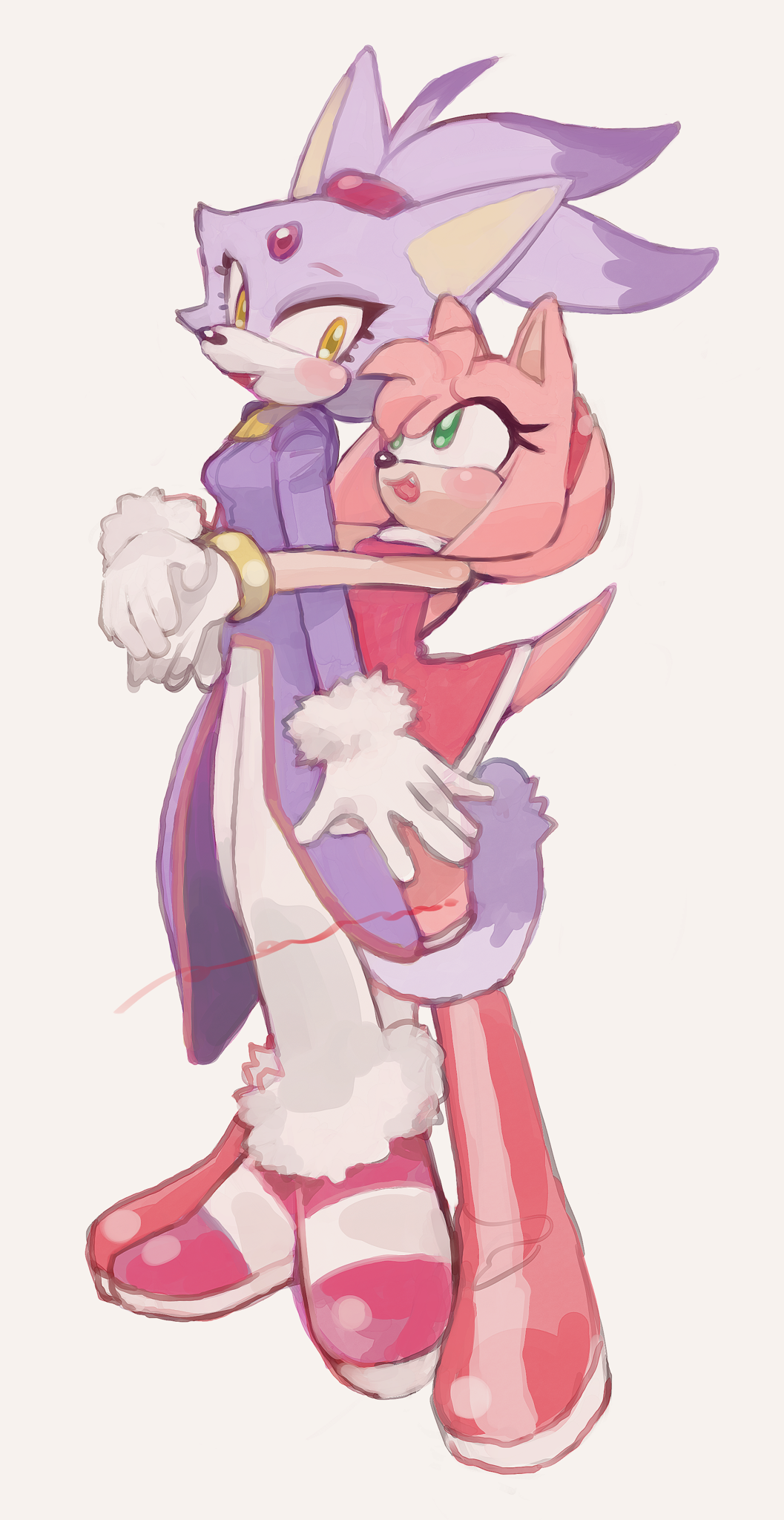 2girls, amy_rose, animal_ears, arms_around_waist, blaze_the_cat, breasts, cat_ears, cat_girl