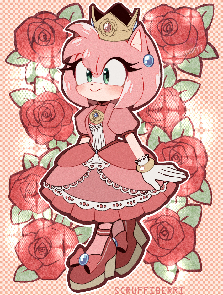 1girl, amy_rose, aqua_eyes, bow, color_connection, cosplay, crown, dress