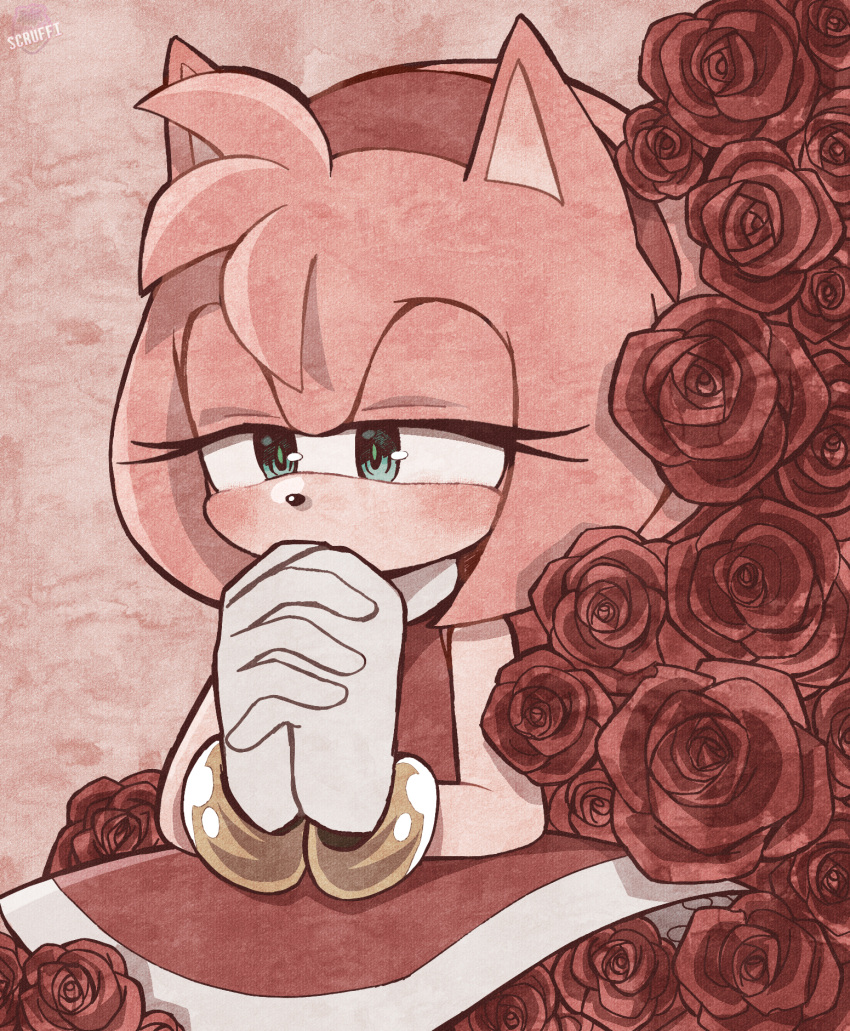 1girl, amy_rose, aqua_eyes, blush, bracelet, dress, eyelashes, flower