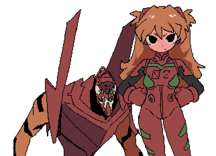 1girl, black_eyes, bodysuit, brandon_(badger_g), eva_02, evangelion_(mecha), hair_between_eyes, hair_ornament