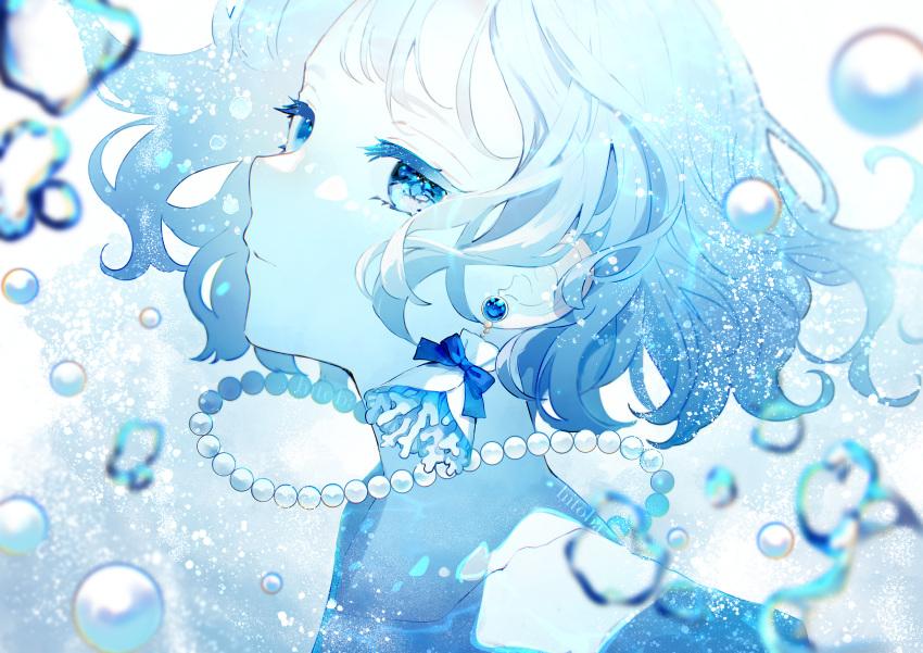 1girl, absurdres, air_bubble, artist_name, blue_bow, blue_eyes, blue_theme, blurry