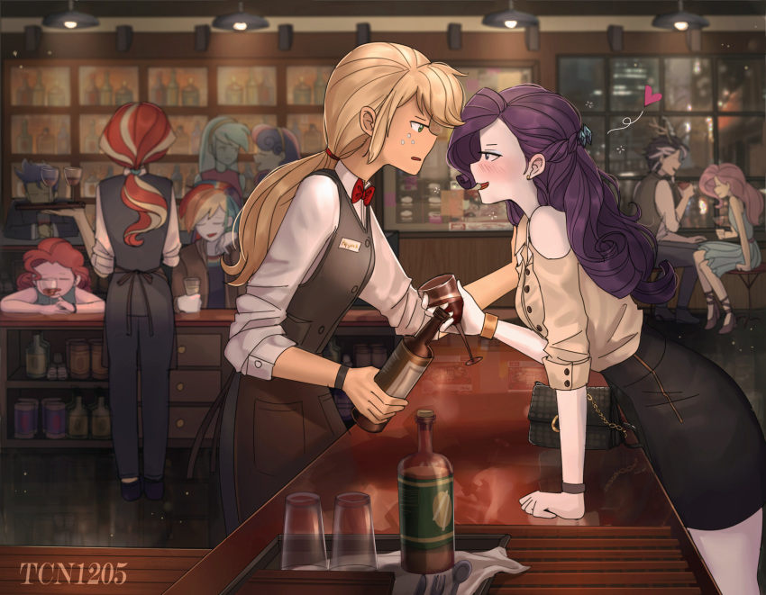 2boys, 6+girls, alternate_costume, animification, applejack, applejack_(equestria_girls), bag, bar_(place), bartender, blonde_hair, blush, bonbon_(equestria_girls), bonbon_(my_little_pony), bow, bowtie, colored_skin, commentary, discord_(my_little_pony), english_commentary, eye_contact, flash_sentry, flash_sentry_(equestria_girls), fluttershy, fluttershy_(equestria_girls), freckles, handbag, highres, indoors, long_hair, looking_at_another, lyra_heartstrings, lyra_heartstrings_(equestria_girls), multiple_boys, multiple_girls, my_little_pony, my_little_pony:_equestria_girls, my_little_pony:_friendship_is_magic, orange_skin, personification, pinkie_pie, pinkie_pie_(equestria_girls), ponytail, purple_hair, rainbow_dash, rainbow_dash_(equestria_girls), rarity_(equestria_girls), rarity_(my_little_pony), red_bow, red_bowtie, sunset_shimmer, sunset_shimmer_(human), tcn_tancha, watermark, white_skin, window, yuri