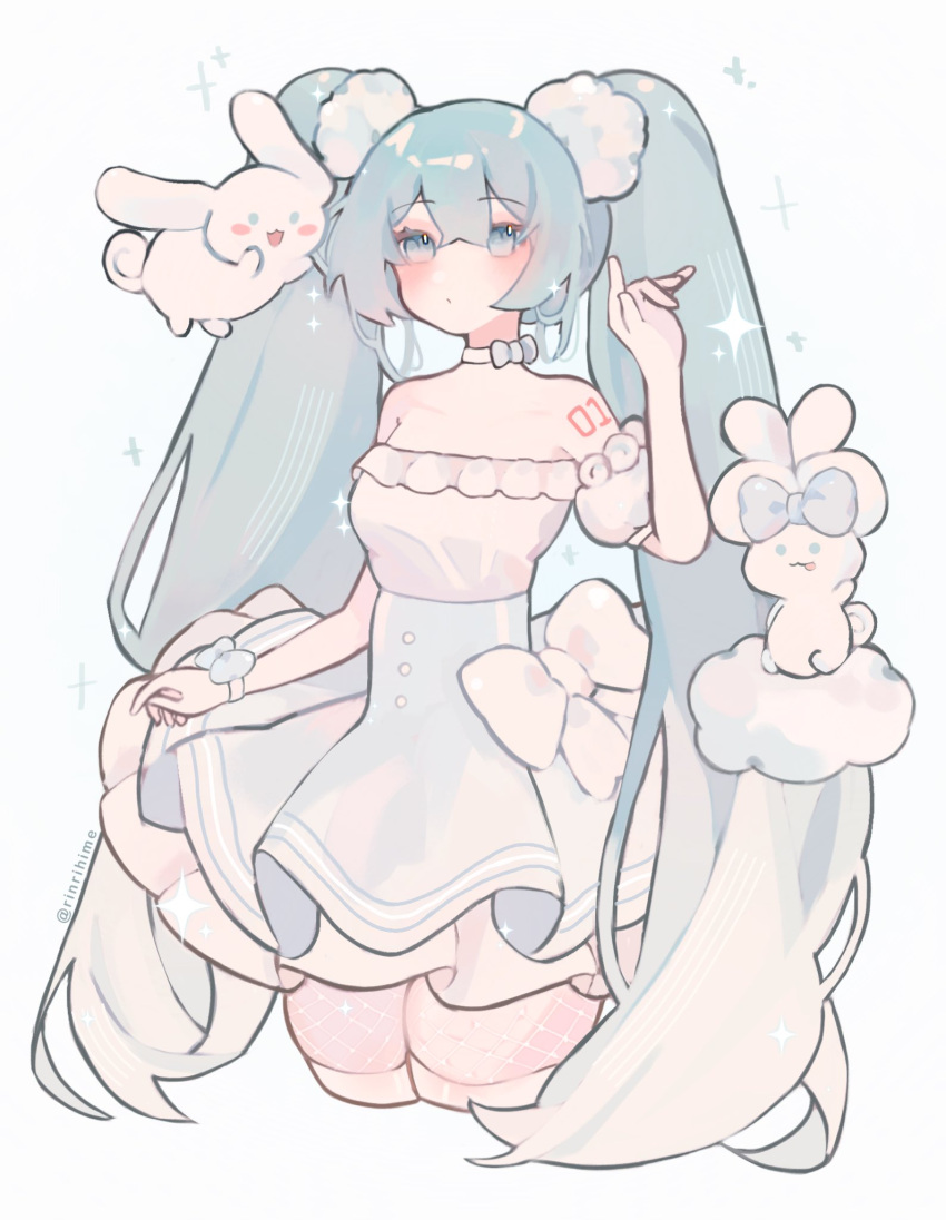 1girl, alternate_costume, blue_dress, blue_eyes, blue_hair, bow, cinnamoroll, creature