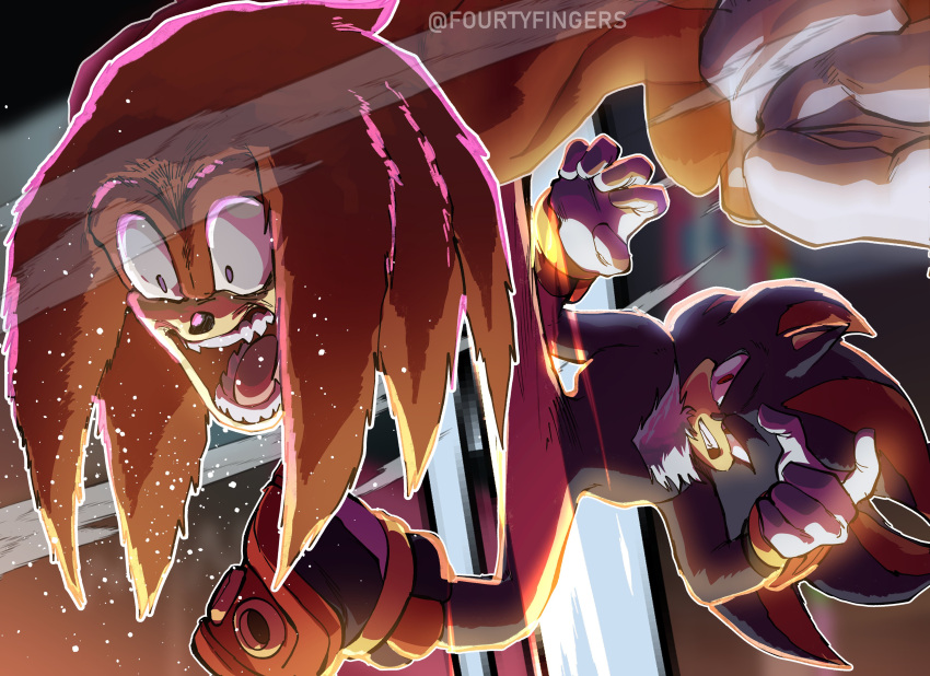 2boys, absurdres, comic_panel_redraw, derivative_work, dragon_ball, dragon_ball_z, fourtyfingers, furry, furry_male, gloves, highres, kicking, knuckles_the_echidna, male_focus, multiple_boys, open_mouth, paramount_pictures, shadow_the_hedgehog, sonic_(live_action), sonic_(series), sonic_the_hedgehog_3_(film), teeth, white_gloves