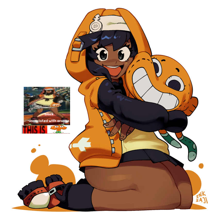 1girl, alternate_color, alternate_eye_color, alternate_hair_color, alternate_skin_color, androgyne_symbol, black_eyes, black_hair