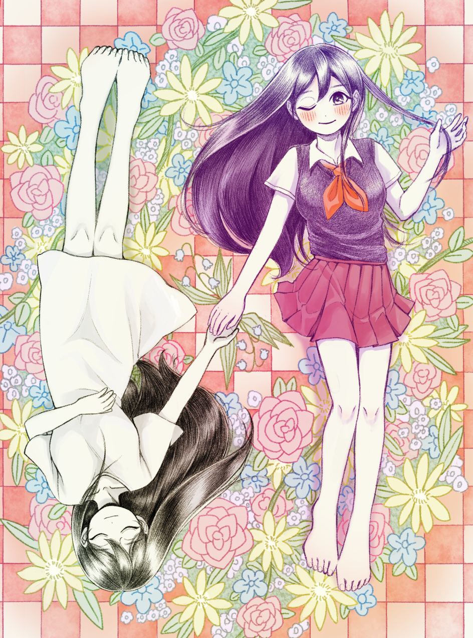 2girls, barefoot, black_hair, closed_eyes, closed_mouth, collared_shirt, colored_skin, dress, dual_persona, full_body, hamcue, highres, long_hair, mari_(faraway)_(omori), mari_(headspace)_(omori), mari_(omori), multiple_girls, omori, one_eye_closed, pleated_skirt, purple_hair, purple_sweater_vest, red_skirt, rotational_symmetry, shirt, short_sleeves, skirt, sweater_vest, violet_eyes, white_dress, white_shirt, white_skin