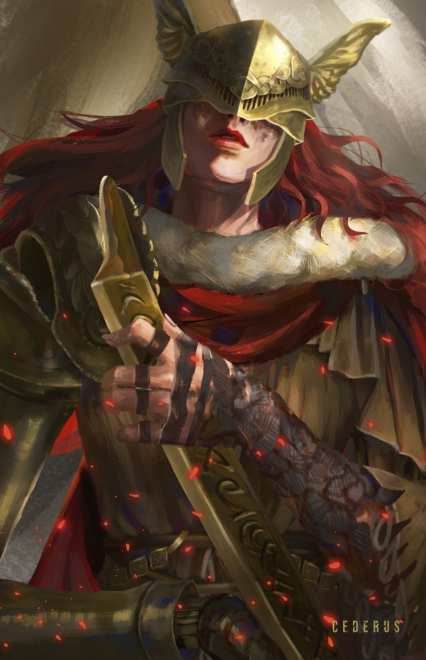 1girl, amputee, armor, artist_name, cape, cederus, covered_eyes, elden_ring, english_commentary, fur_trim, gold_armor, golden_sword, helmet, helmet_over_eyes, highres, holding, holding_sword, holding_weapon, long_hair, malenia_blade_of_miquella, mechanical_arms, parted_lips, prosthesis, prosthetic_arm, red_cape, redhead, scar, single_mechanical_arm, solo, sword, weapon, winged_helmet