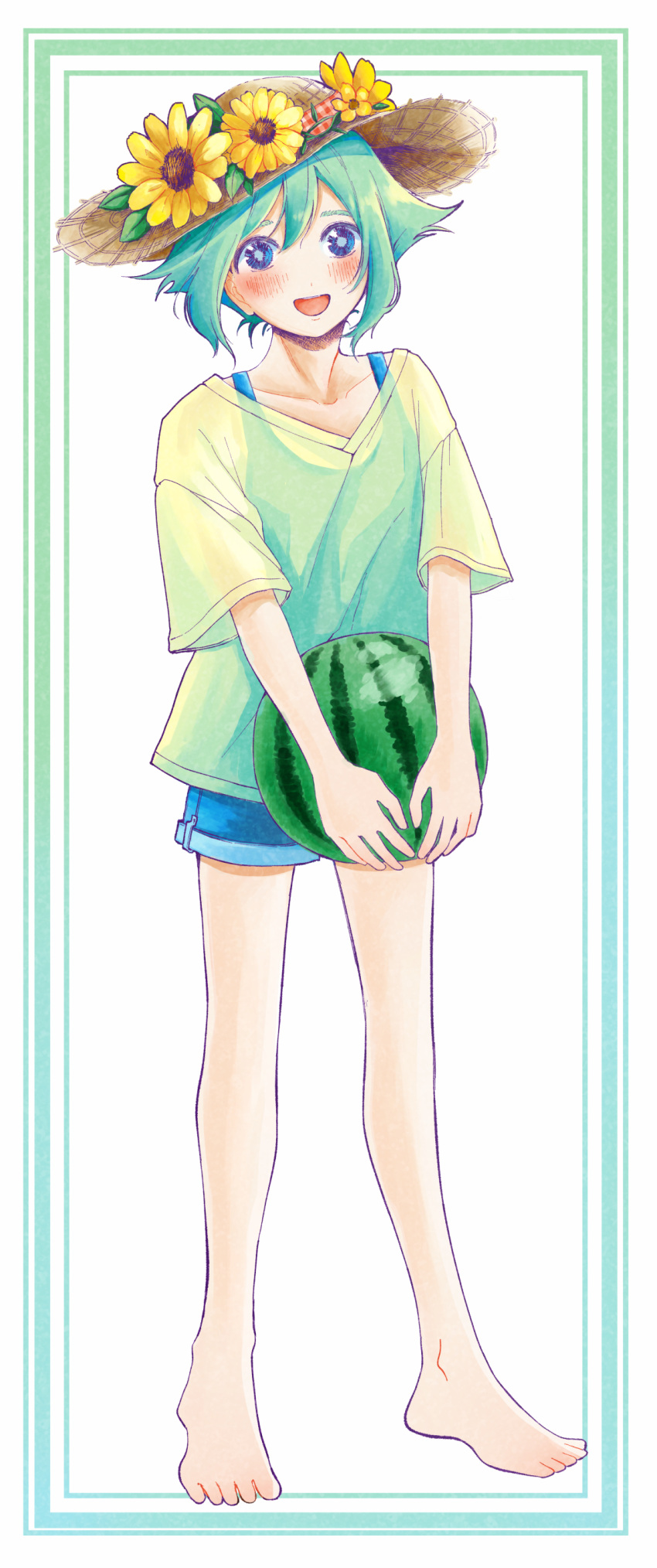 1boy, absurdres, alternate_costume, barefoot, basil_(headspace)_(omori), basil_(omori), blue_shorts, blush, collarbone, denim, denim_shorts, flower, full_body, green_eyes, green_hair, hamcue, hat, hat_flower, highres, holding_watermelon, looking_at_viewer, male_focus, omori, open_mouth, shirt, short_hair, short_sleeves, shorts, smile, solo, sun_hat, sunflower, t-shirt, tank_top, yellow_shirt