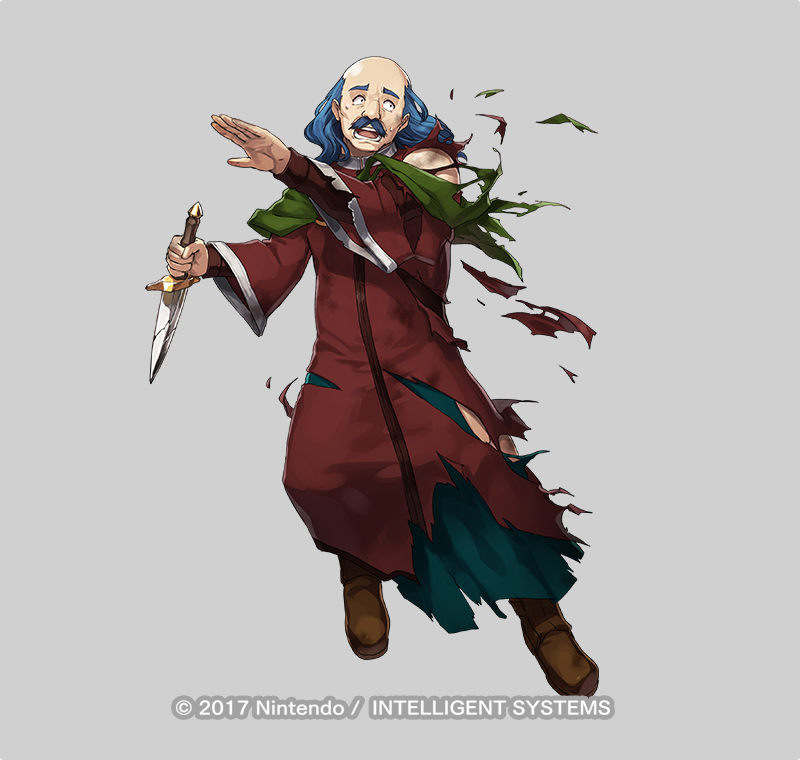 1boy, balding, blue_hair, broken, broken_weapon, brown_footwear, capelet, commentary