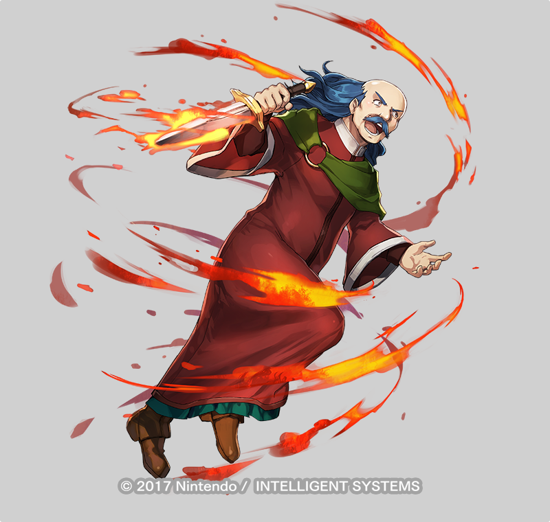 1boy, balding, blue_hair, brown_footwear, capelet, commentary, copyright_name, dagger