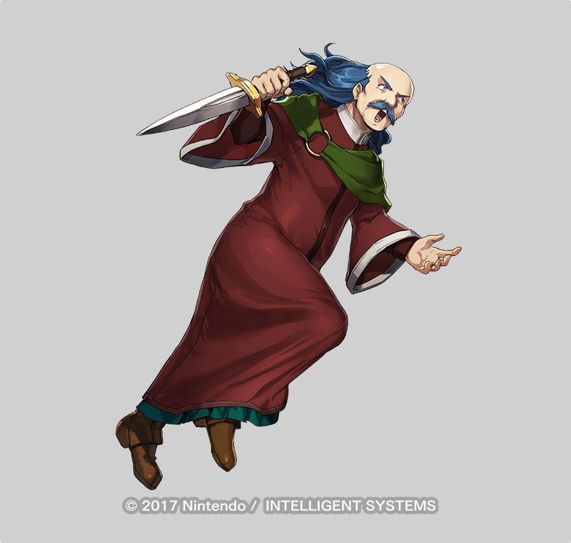 1boy, balding, blue_hair, brown_footwear, capelet, commentary, copyright_name, dagger