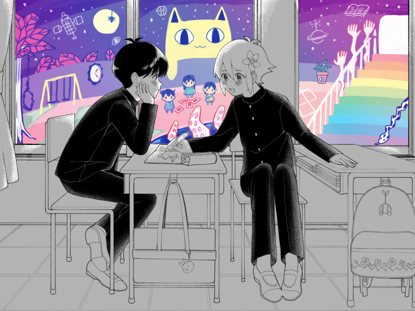 1girl, 4boys, alternate_costume, analog_clock, aubrey_(headspace)_(omori), aubrey_(omori), backpack, bag, basil_(faraway)_(omori), basil_(omori), big_yellow_cat_(omori), blush, card, classroom, clock, desk, forest_bunny_(omori), hamcue, hero_(headspace)_(omori), hero_(omori), indoors, kel_(headspace)_(omori), kel_(omori), long_sleeves, looking_at_another, multiple_boys, noose, omori, open_mouth, pants, partially_colored, playing_card, potted_plant_(omori), railing, school_uniform, short_hair, smile, snake, sprout_mole, stairs, sunny_(omori), swing_set, tentacles, tree