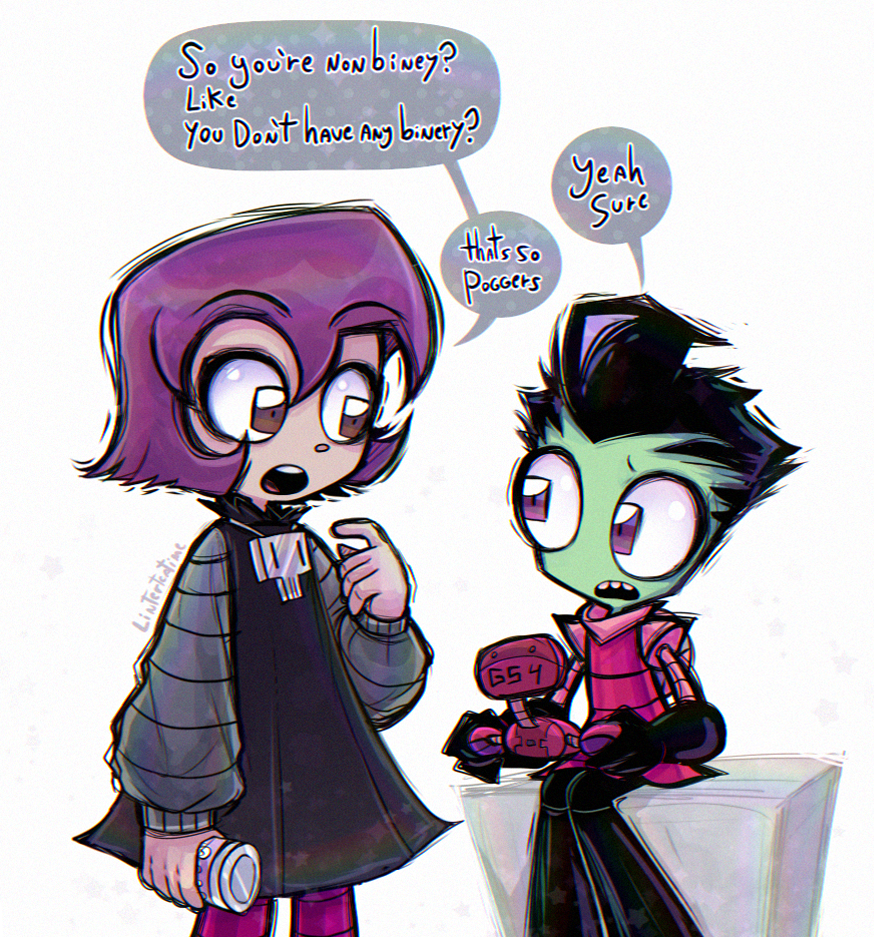 1boy, 1girl, alien, black_hair, brown_eyes, colored_skin, english_text, gazlene_membrane, goth_fashion, green_skin, invader_zim, linterteatime, long_sleeves, purple_hair, shirt, short_hair, speech_bubble, thick_thighs, thighs, zim_(invader_zim)