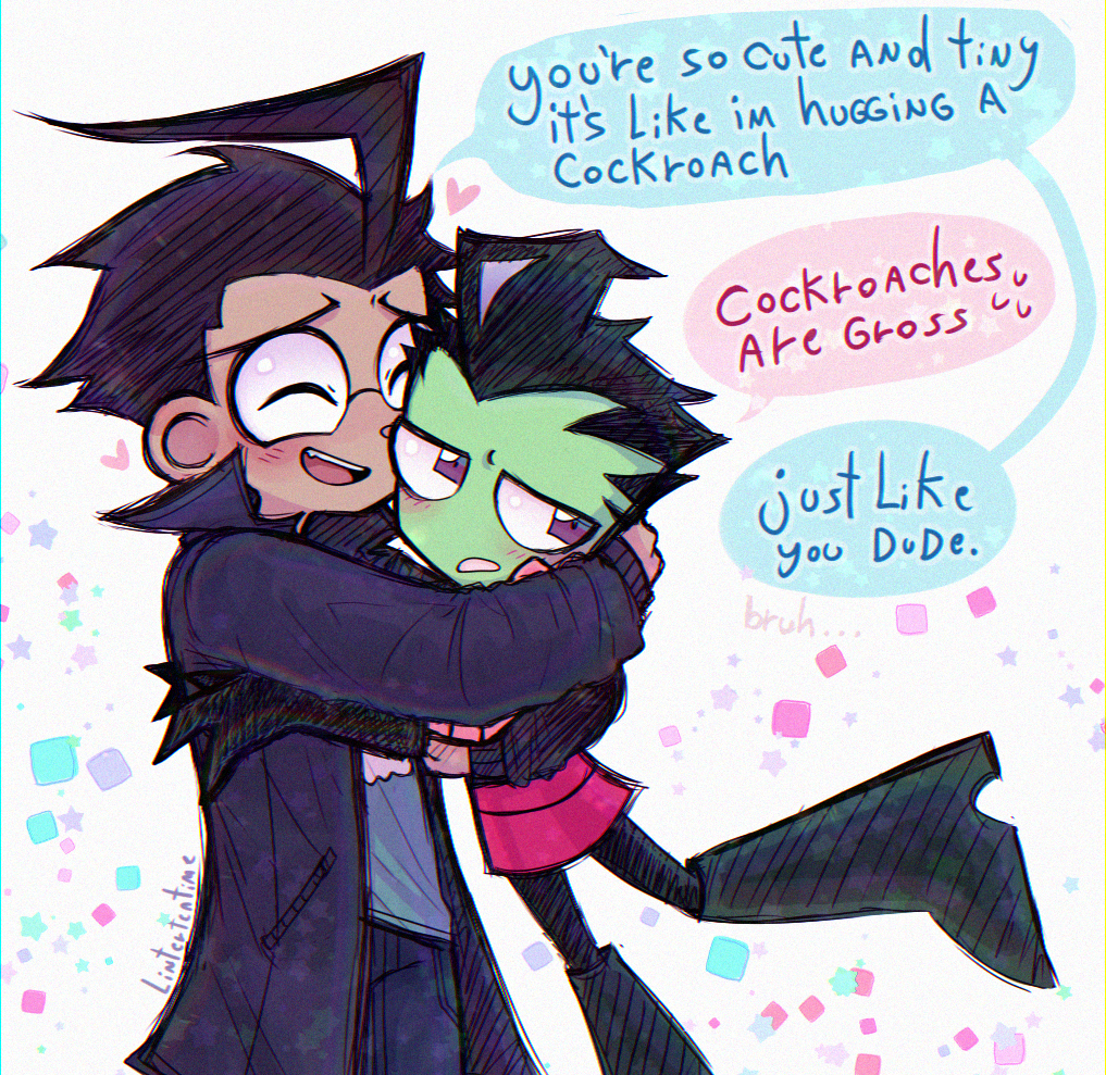2boys, alien, black_footwear, black_hair, boots, closed_eyes, colored_skin, dib_(invader_zim)