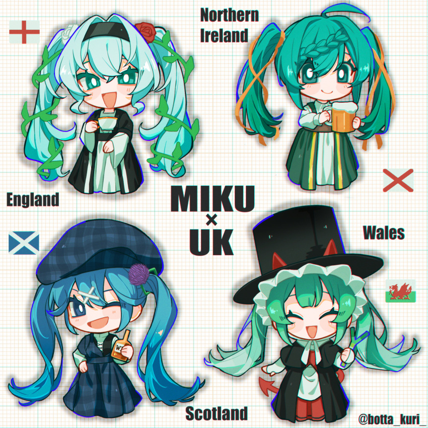 4girls, absurdres, aqua_eyes, aqua_hair, beer_mug, beret, blue_eyes, blue_hair, botta_kuri, braid, closed_eyes, cup, demon_horns, demon_tail, dress, english_flag, flower, hair_flower, hair_ornament, hair_vines, hat, hatsune_miku, highres, holding, holding_cup, horns, long_hair, mug, multiple_girls, northern_irish_flag, open_mouth, plaid_clothes, plaid_dress, plaid_headwear, red_flower, red_rose, rose, scottish_flag, simple_background, smile, tail, twintails, very_long_hair, vocaloid, welsh_flag, white_background, white_flower, white_rose