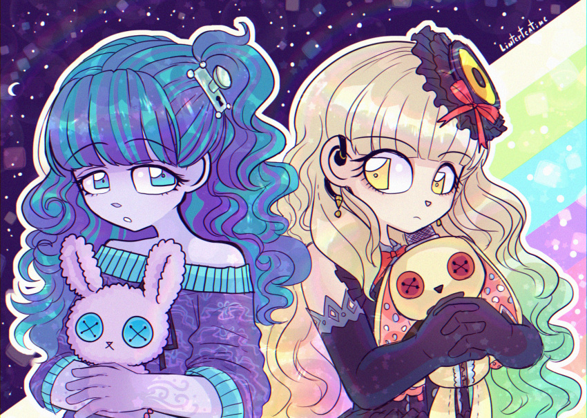 2girls, blonde_hair, colored_sclera, colored_skin, crossover, curly_hair, dress, elbow_gloves, gloves, jewelry, linterteatime, long_hair, mayu_(vocaloid), monster_girl, monster_high, monster_high_(g1), multiple_girls, purple_hair, purple_skin, shirt, stuffed_animal, stuffed_rabbit, stuffed_toy, twyla_boogeyman, very_long_hair, vocaloid, yellow_eyes