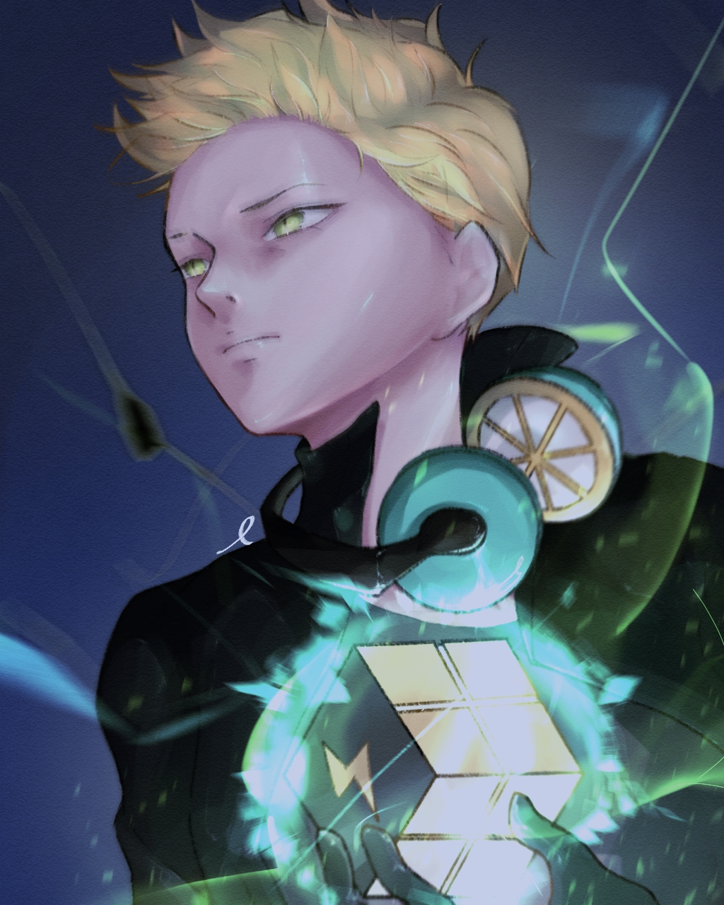 1boy, aura, black_gloves, blonde_hair, cookie_run, electricity, gloves, grey_background