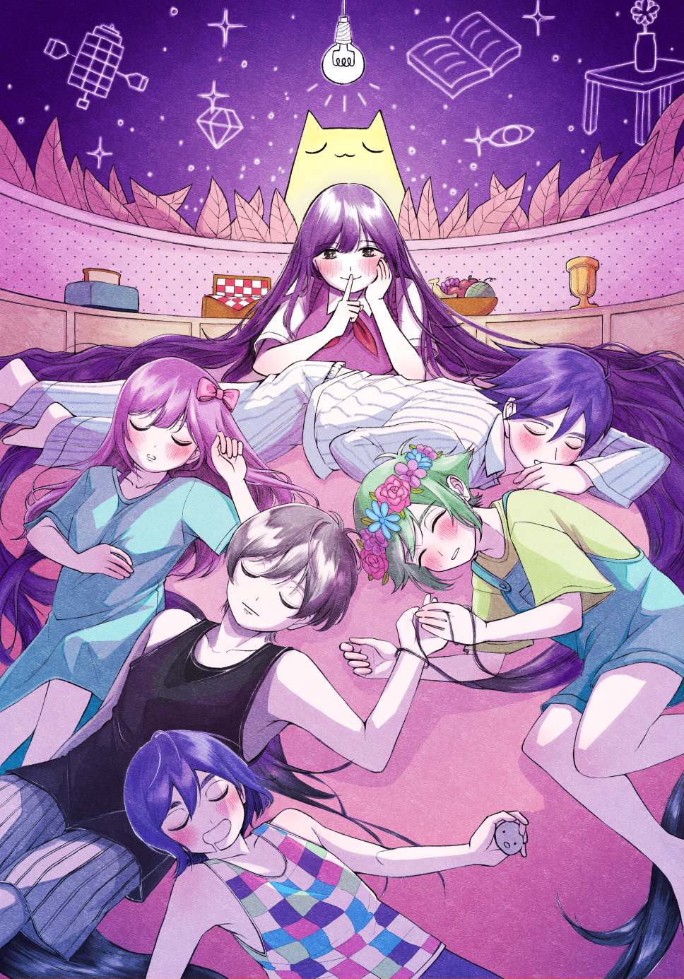 2girls, 4boys, apple, aubrey_(headspace)_(omori), aubrey_(omori), banana, basil_(headspace)_(omori), basil_(omori)
