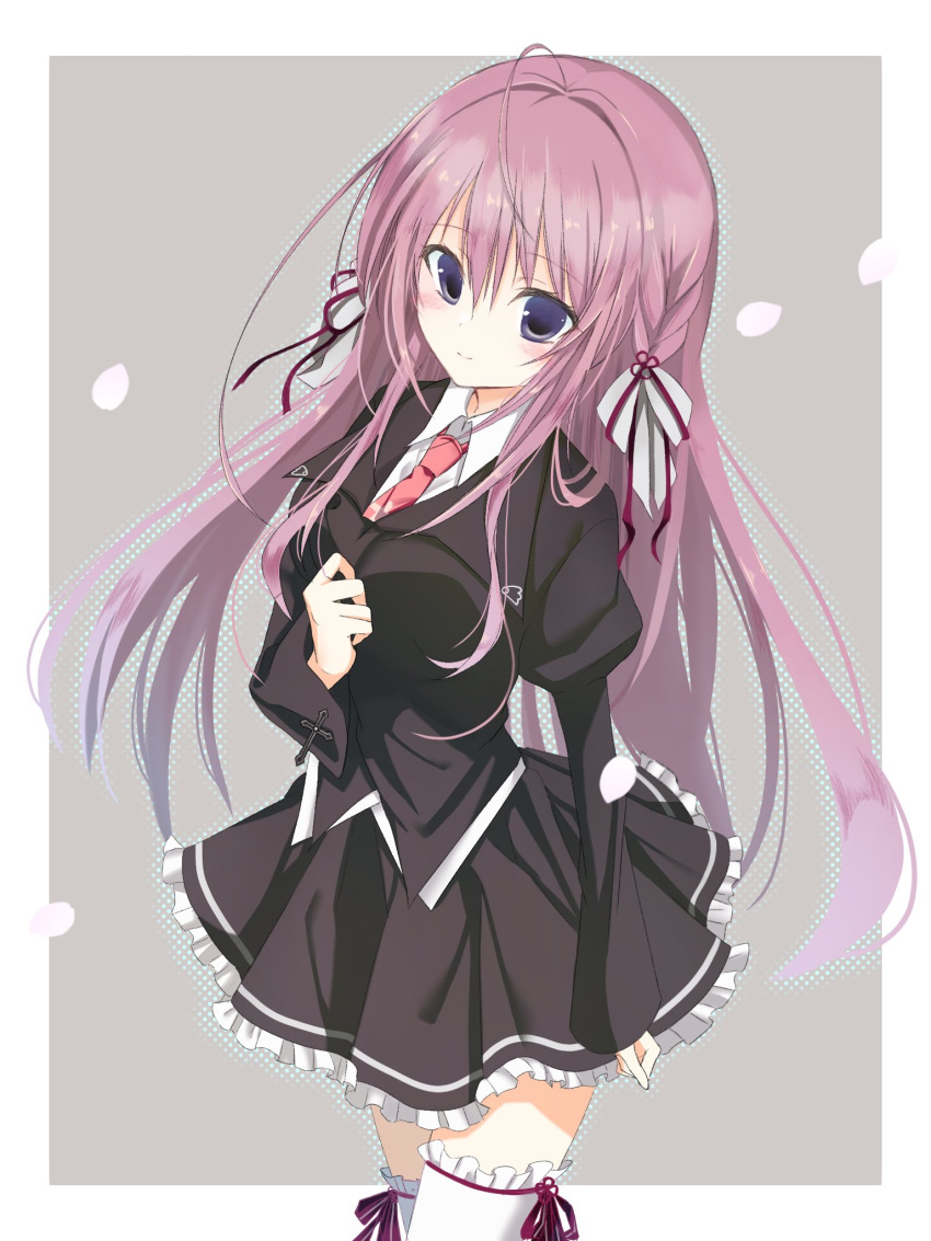 1girl, ahoge, arm_at_side, black_shirt, black_skirt, blue_eyes, blush, border