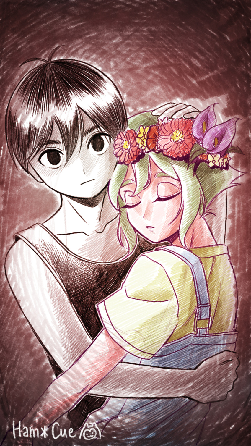 2boys, absurdres, artist_name, basil_(headspace)_(omori), basil_(omori), black_eyes, black_hair, black_tank_top
