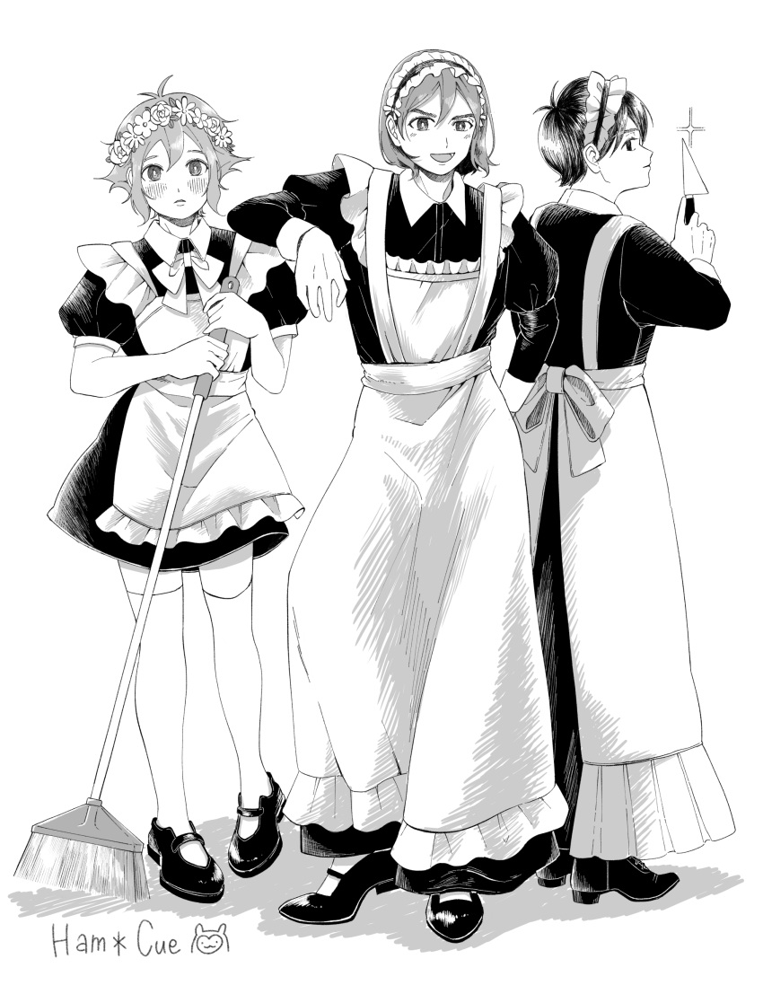 3boys, absurdres, alternate_costume, basil_(headspace)_(omori), basil_(omori), blush, broom, closed_mouth